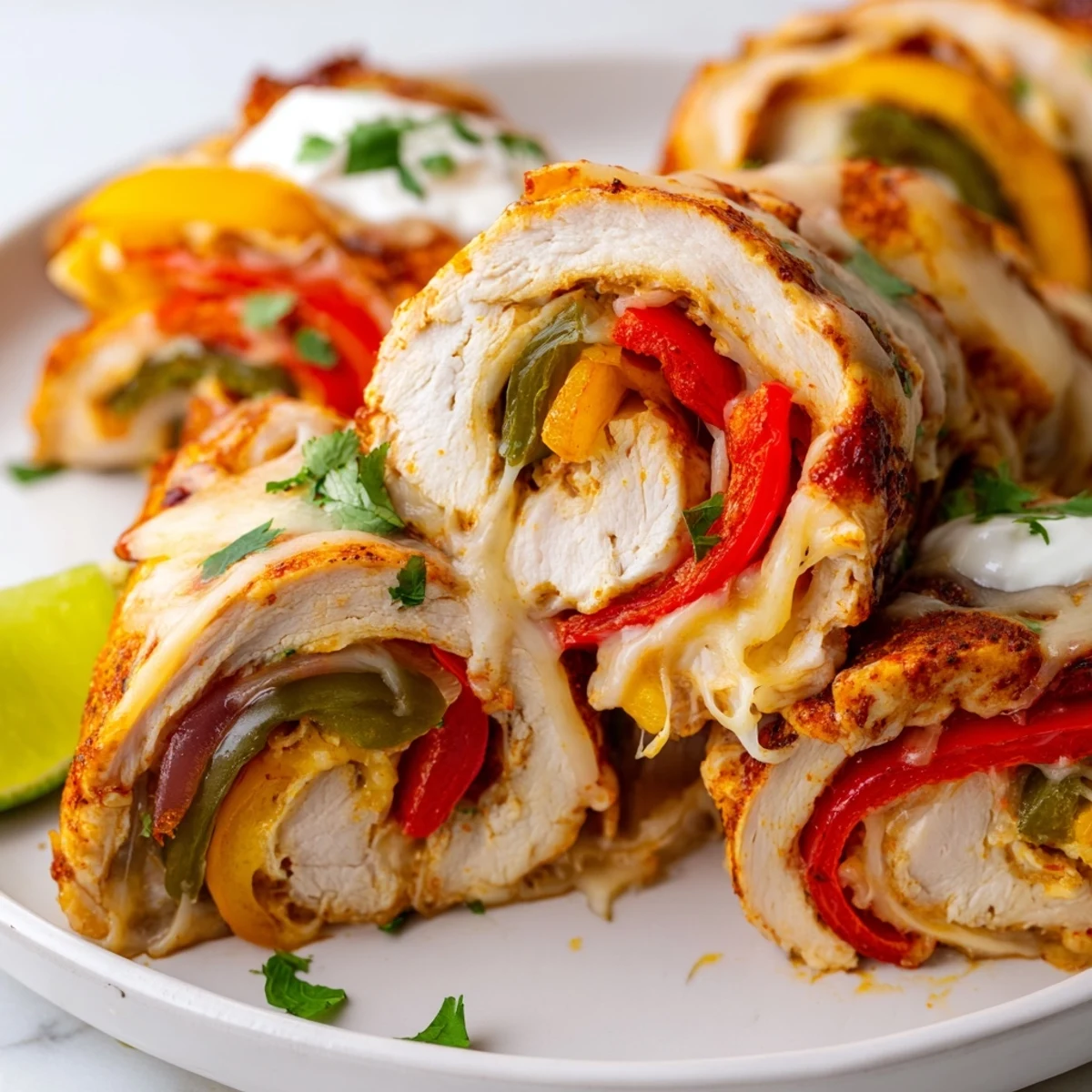 Juicy baked chicken fajita roll ups garnished with fresh cilantro and lime wedges