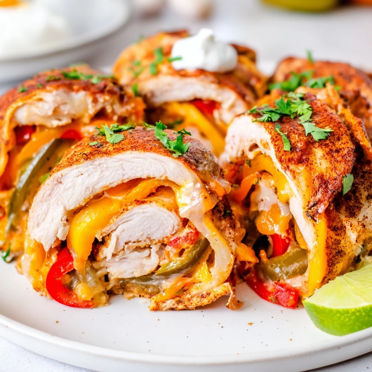 Cheesy baked chicken fajita roll ups in a bubbling baking dish ready to serve