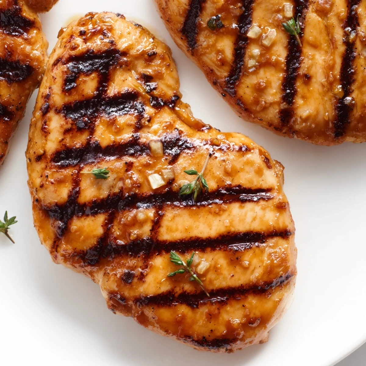 Juicy Maple Dijon Grilled Chicken with caramelized grill marks on a rustic wooden cutting board.