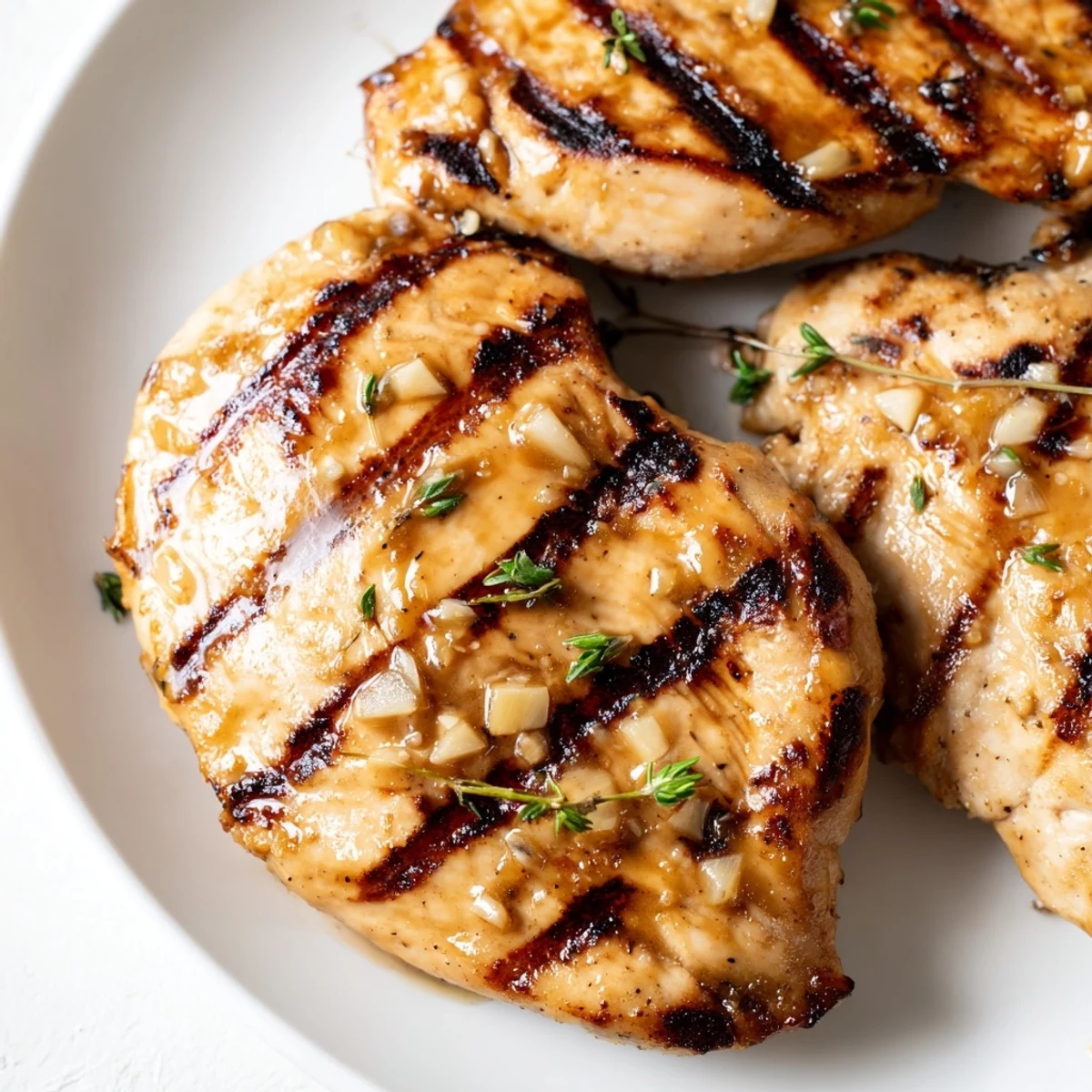 Close-up of thick Maple Dijon Grilled Chicken breasts resting on a platter beside roasted potatoes.