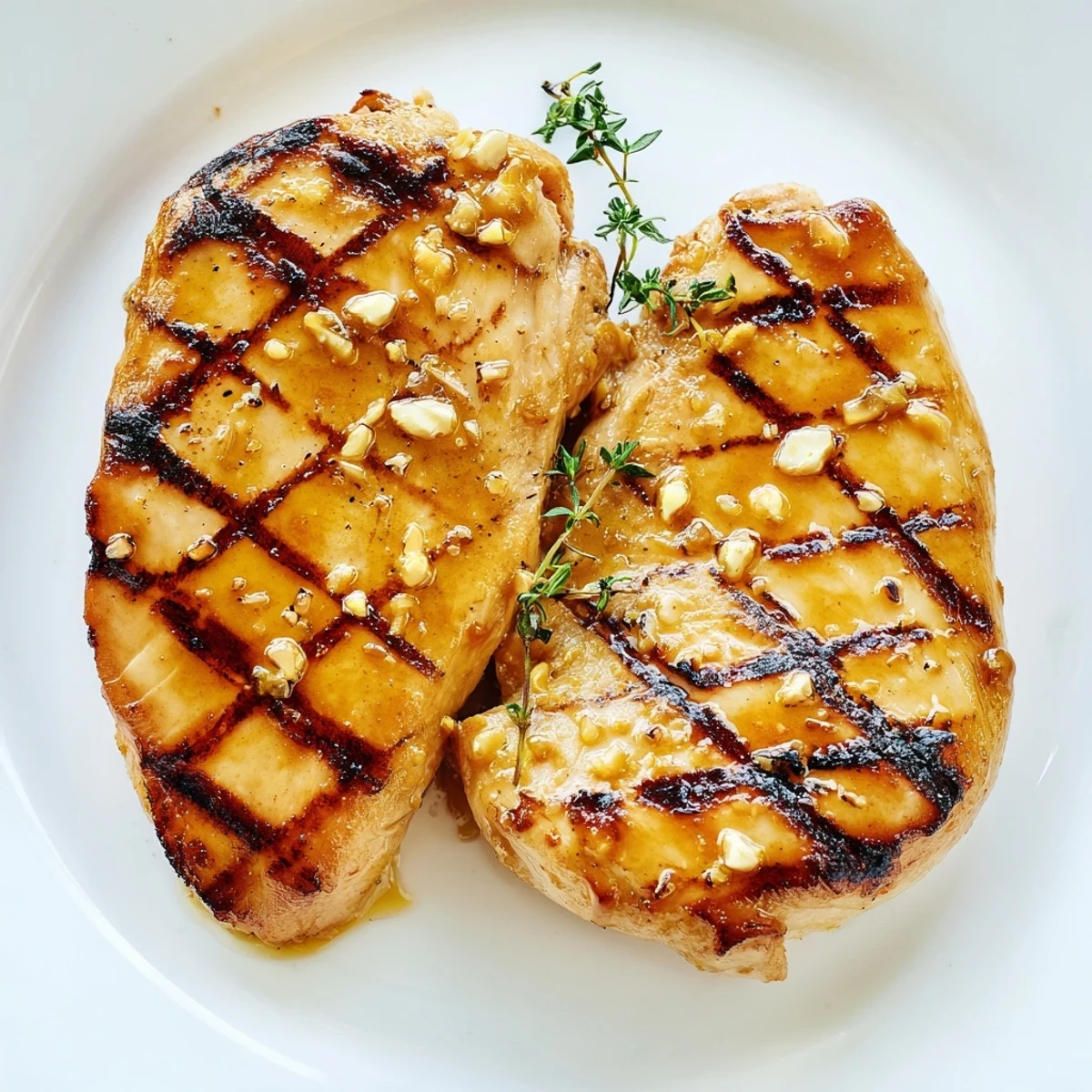 A golden plate of sliced Maple Dijon Grilled Chicken served with fresh thyme and vegetables.