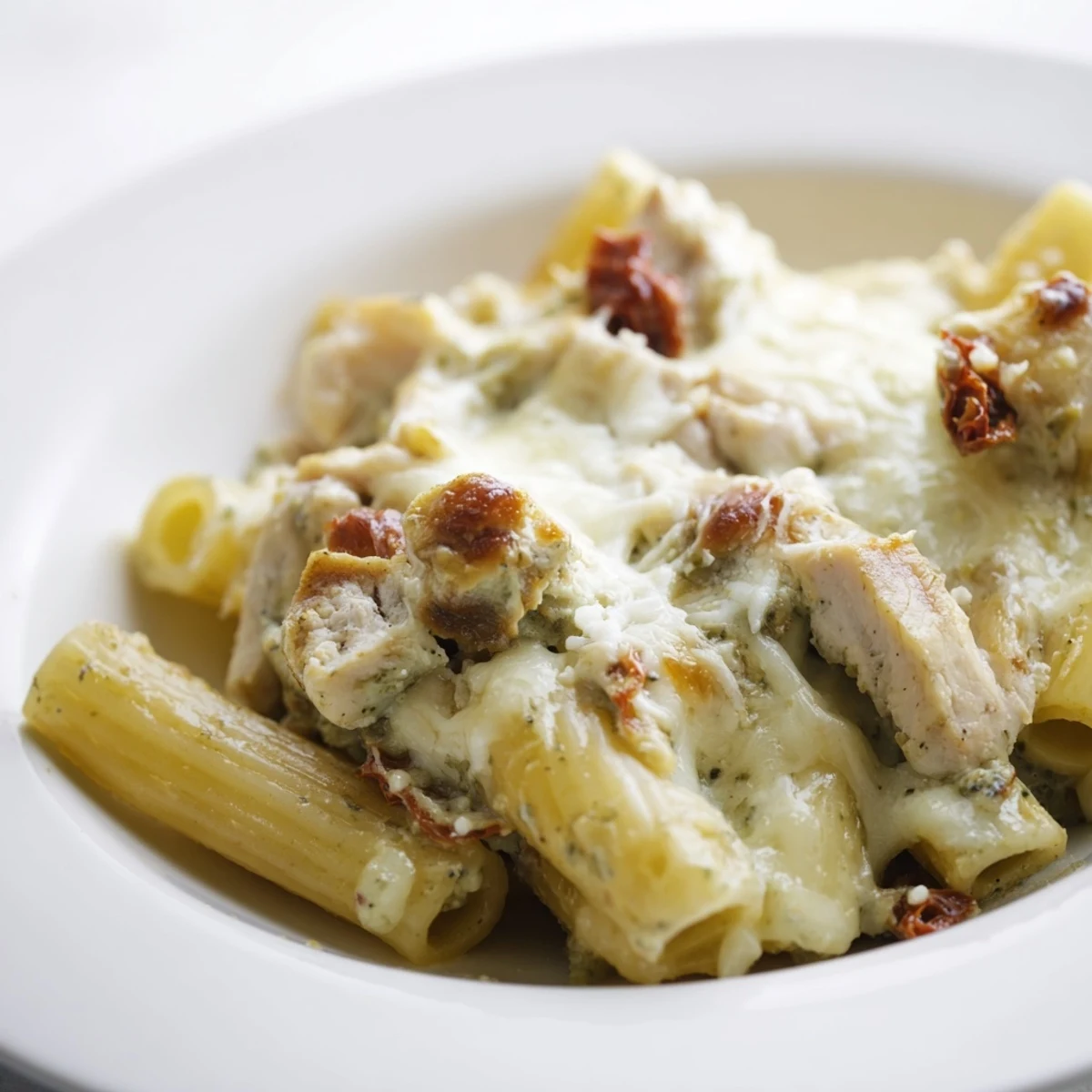 A bubbling pesto chicken pasta bake with stretchy mozzarella and fresh basil leaves.