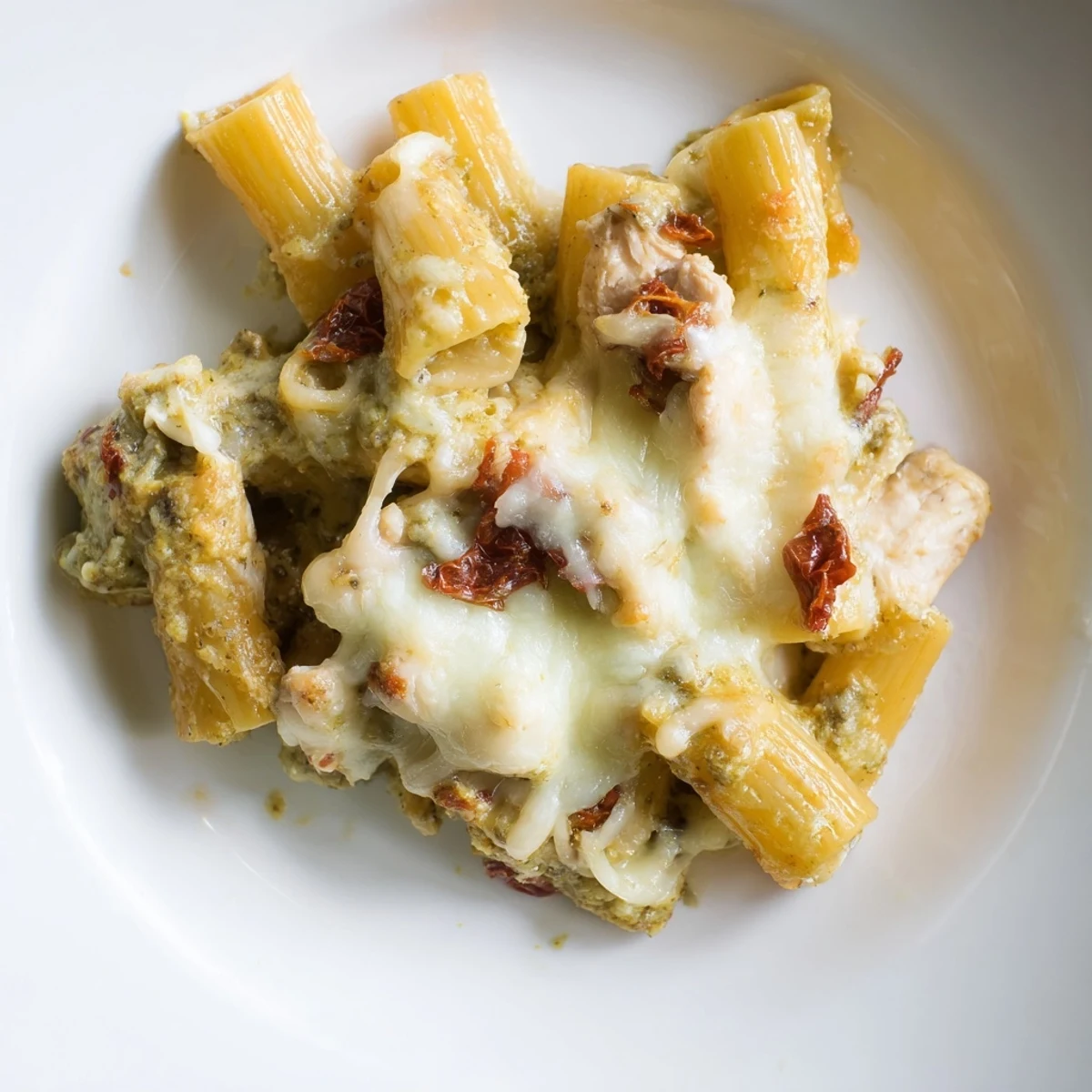 Creamy pesto chicken pasta bake scooped from a hot dish onto a plate.