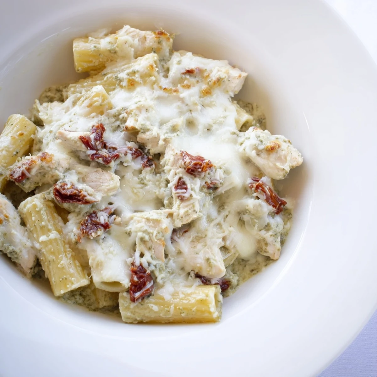 Golden baked pesto chicken pasta bake topped with melted cheese and parsley.