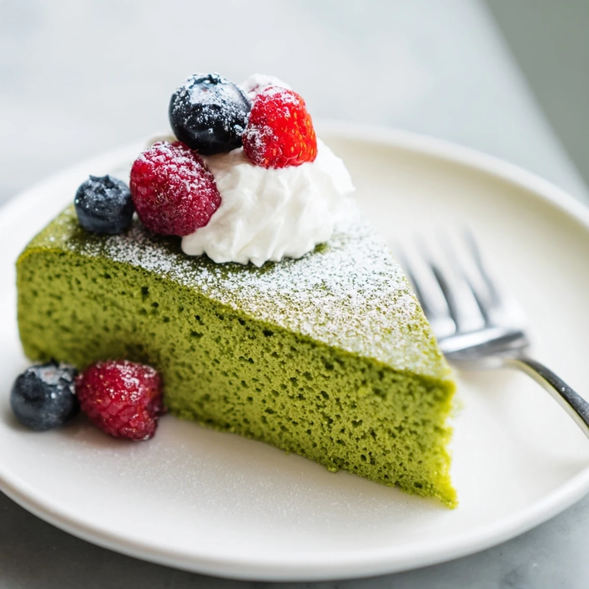 A slice of moist matcha cake recipe topped with fresh berries and powdered sugar.
