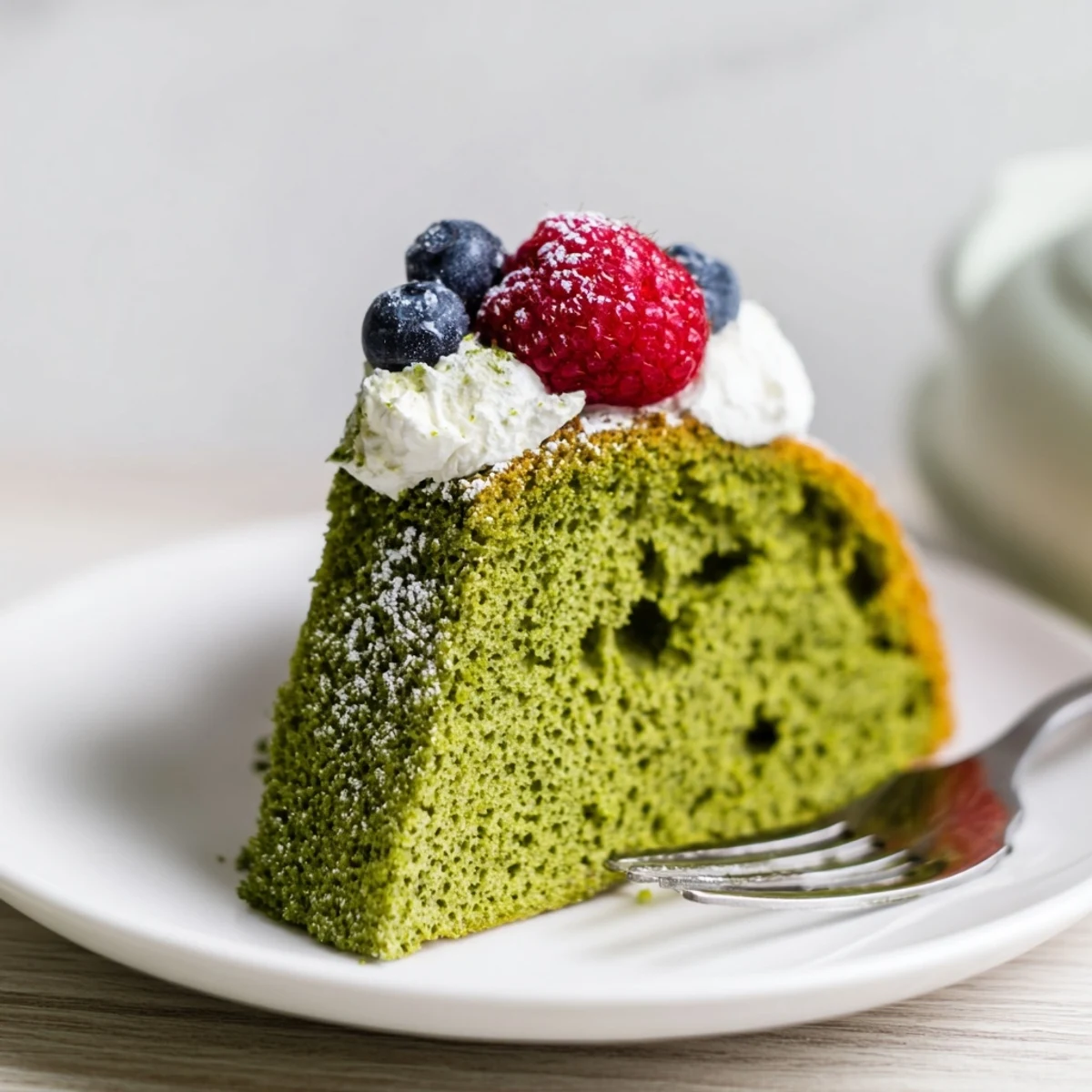 A beautifully baked matcha cake recipe cooling on a wire rack in a sunny kitchen.