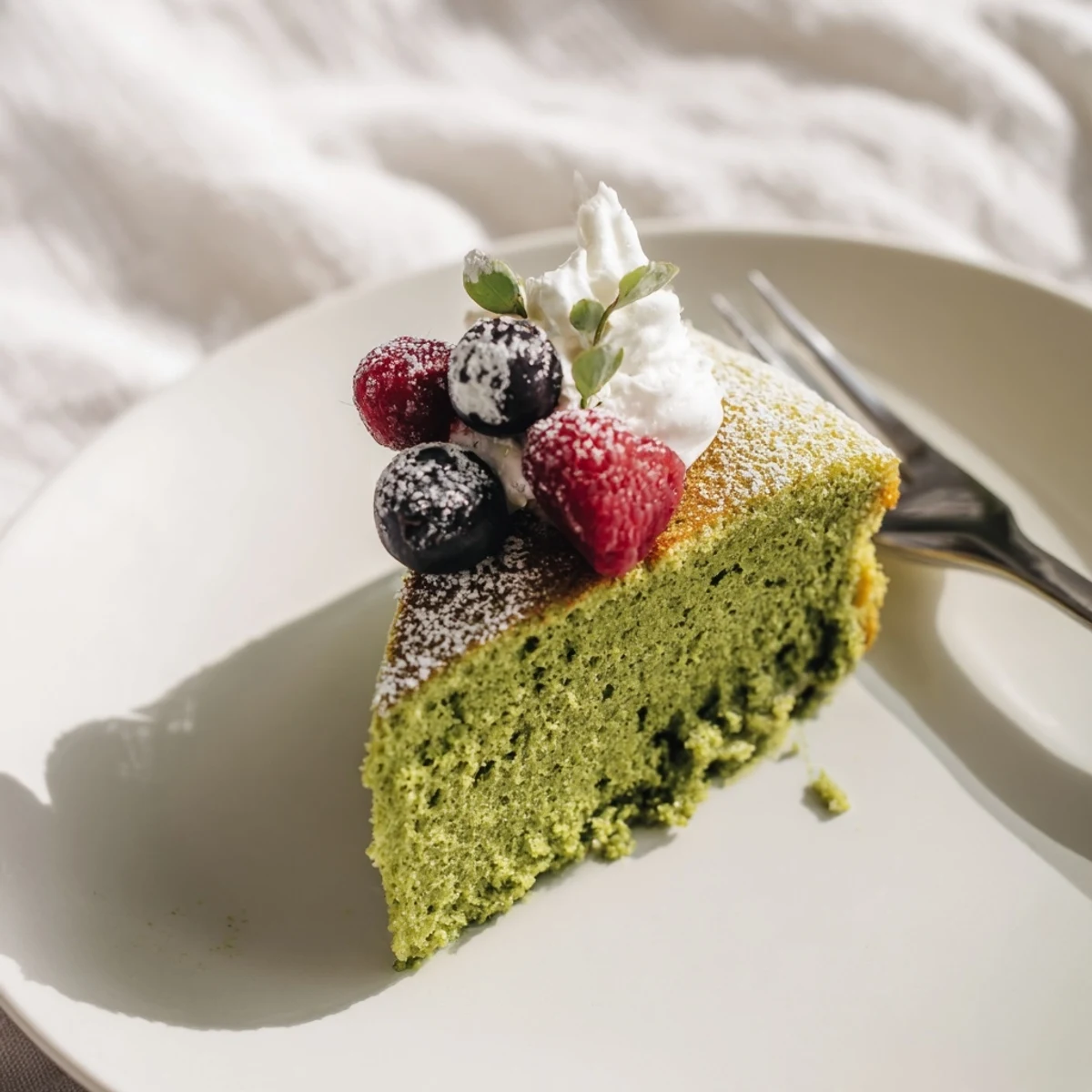A fluffy green matcha cake recipe served on a white plate with whipped cream.