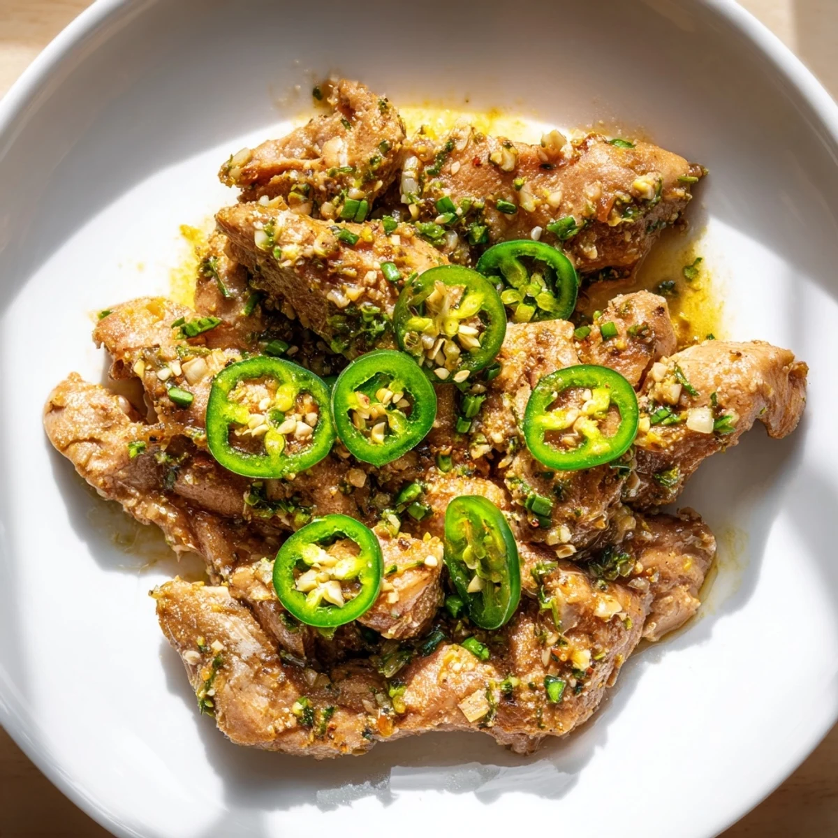 Tender spicy jalapeno chicken pieces garnished with fresh cilantro and sliced jalapeños.  