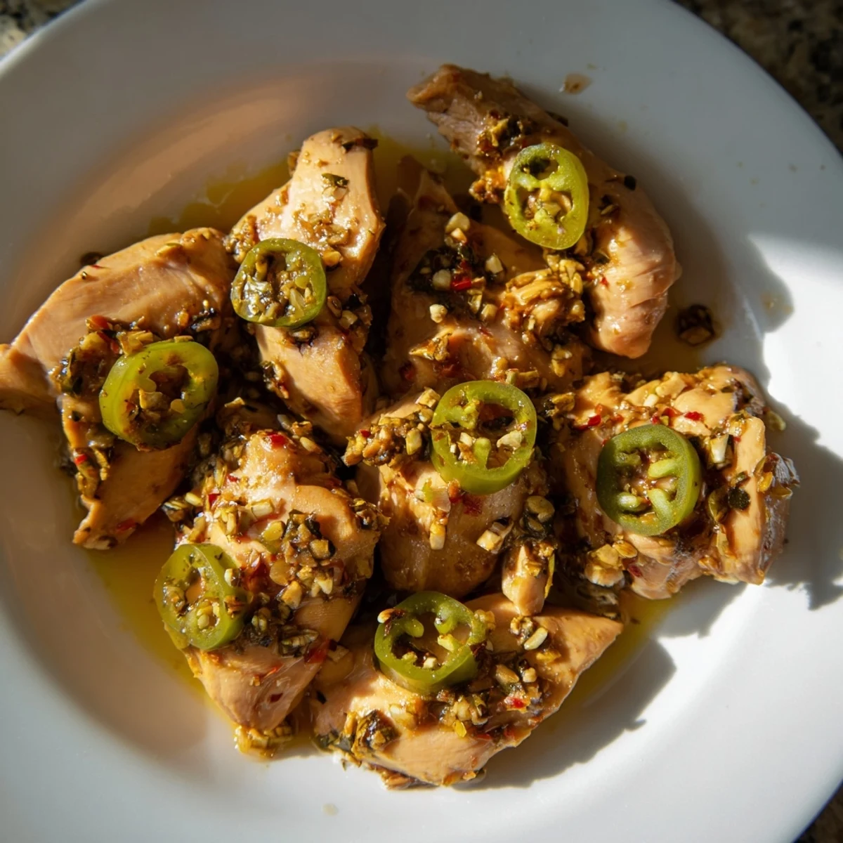 Sizzling skillet of spicy jalapeno chicken cooking with onions and garlic.