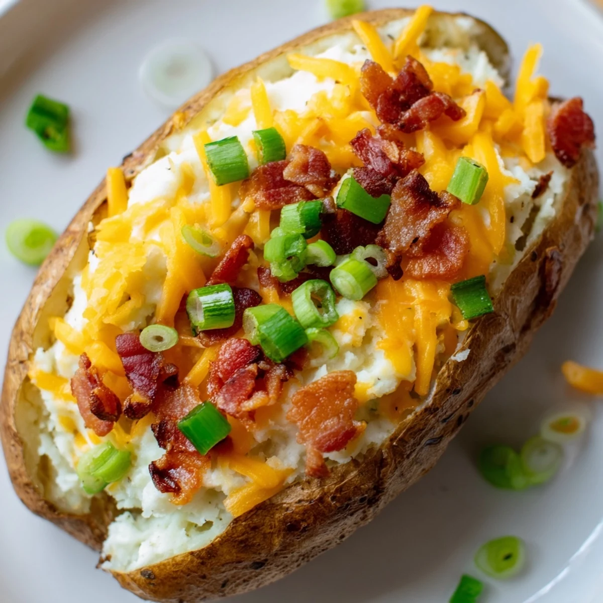 Golden and cheesy jalapeno popper twice baked potatoes garnished with crispy bacon bits.  