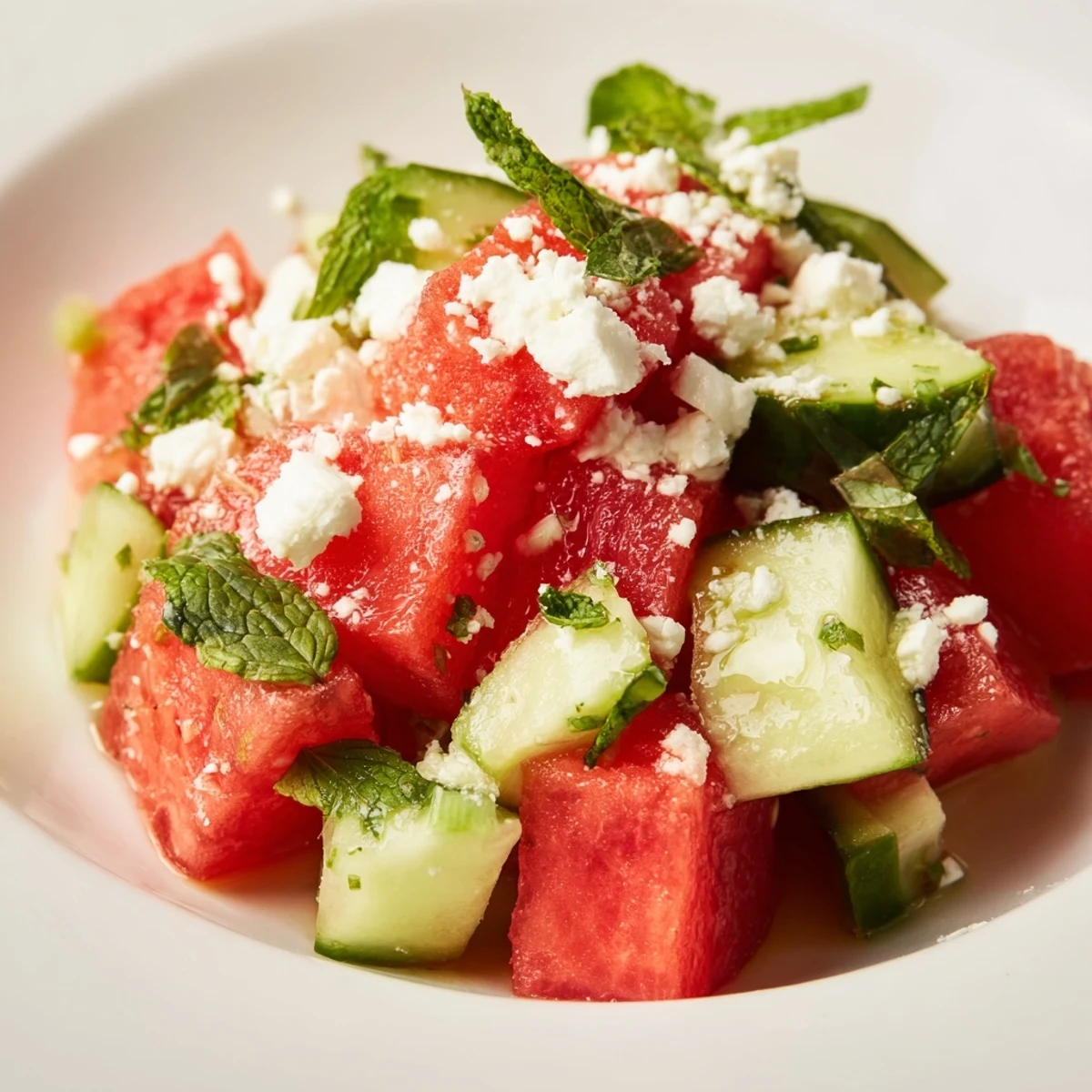 Fresh watermelon cucumber salad with mint and tangy lime dressing  