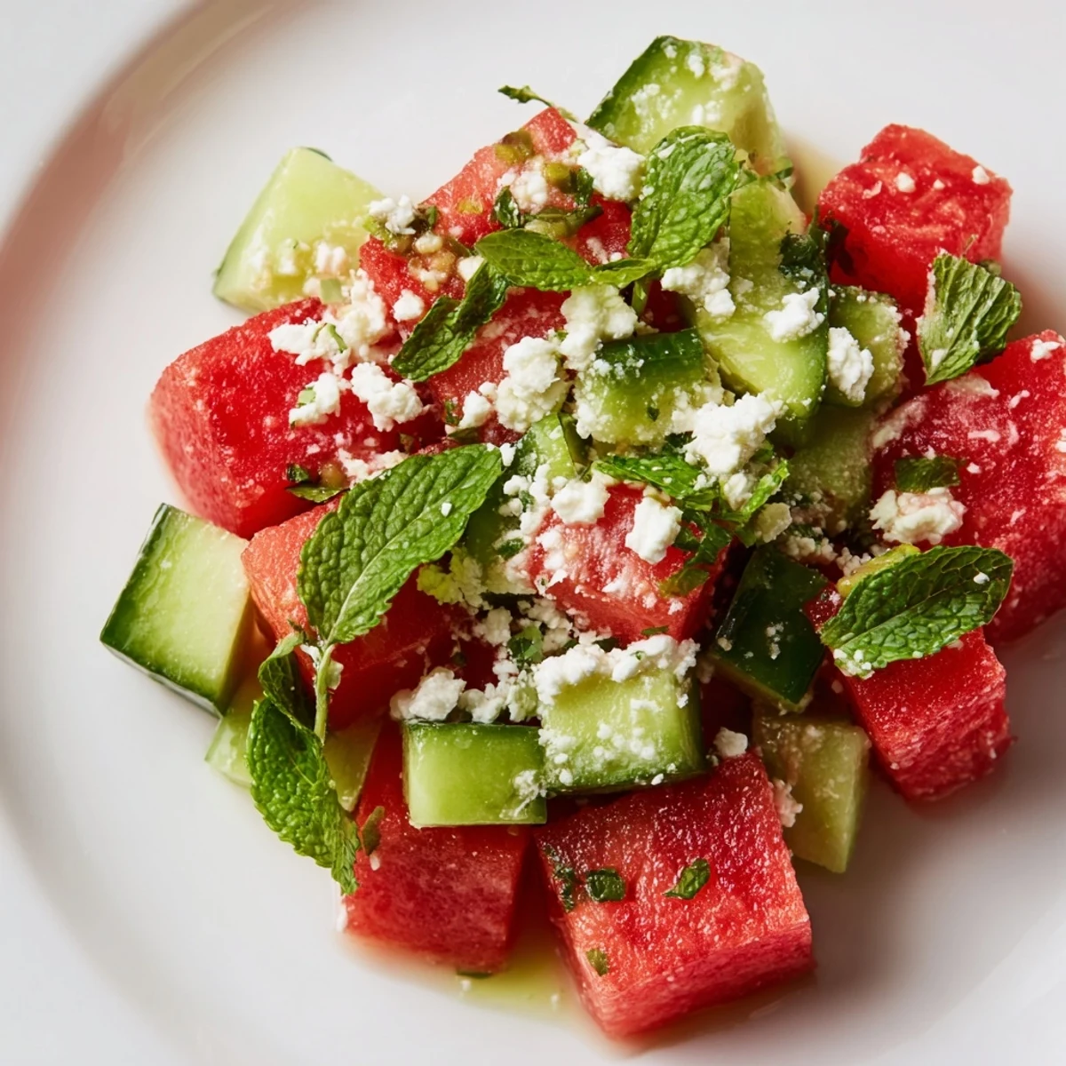 Crisp watermelon and cucumber salad topped with feta and fresh mint  