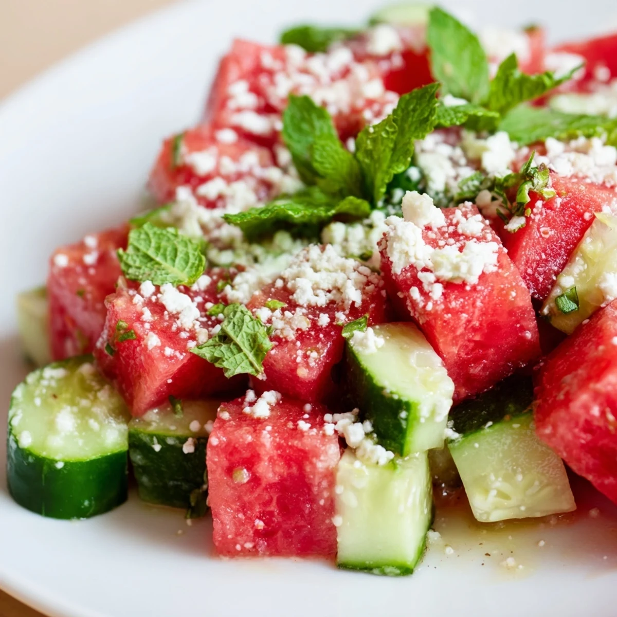Refreshing watermelon cucumber salad in a bowl with lime drizzle