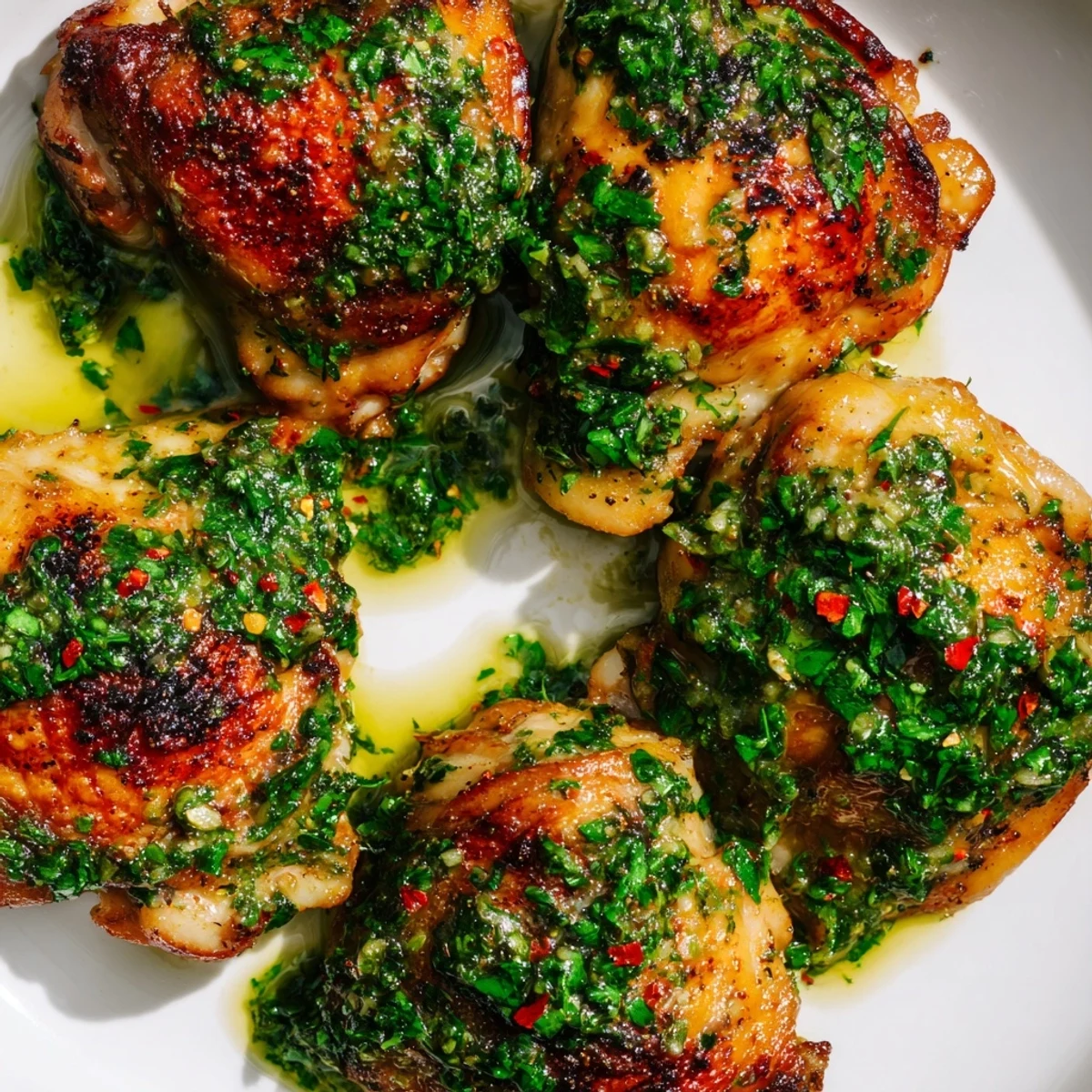 Golden grilled chimichurri chicken thighs drizzled with vibrant green herb sauce  