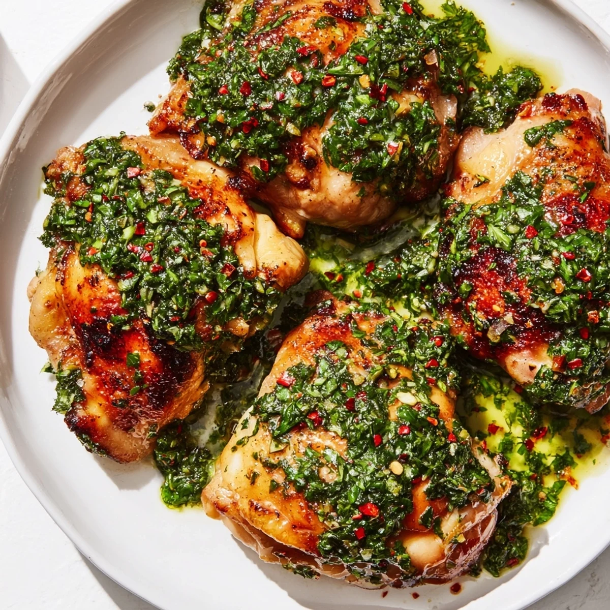 Perfectly grilled chimichurri chicken thighs featuring crispy skin and zesty marinade