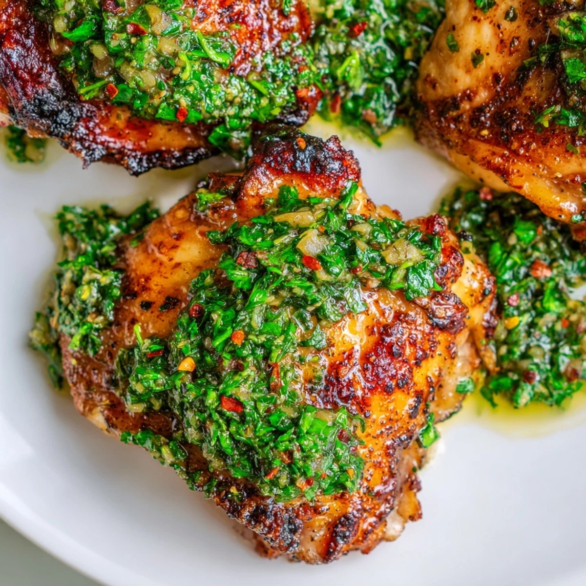 Juicy chimichurri chicken thighs served with fresh parsley and red pepper flakes  