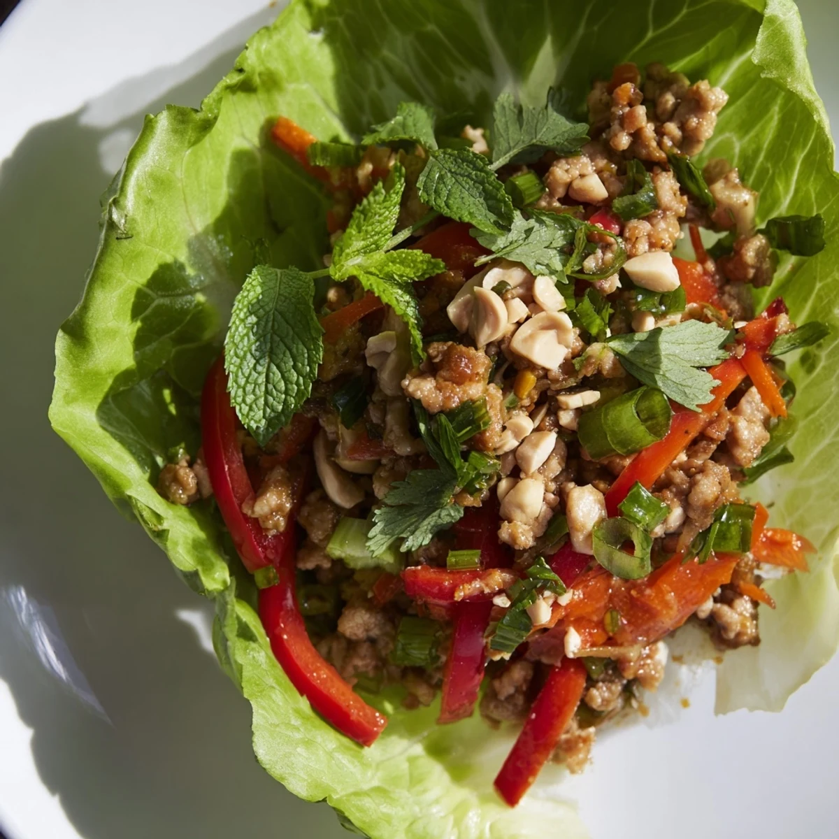 Savory Thai chicken lettuce wraps garnished with fresh herbs and crunchy peanuts.  