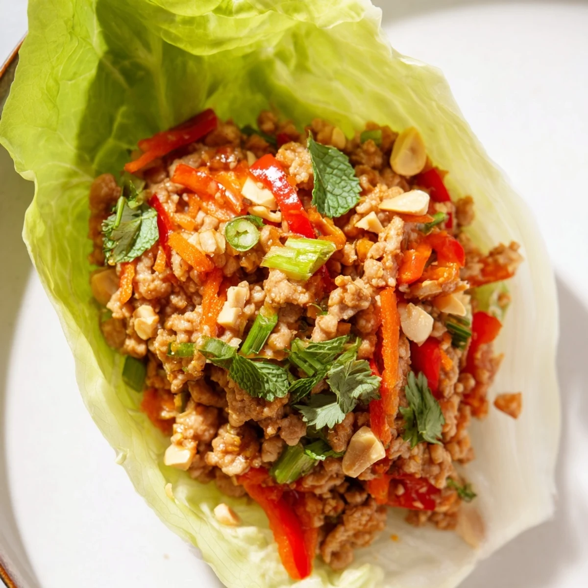 Delicious Thai chicken lettuce wraps served with lime wedges and fresh cilantro.