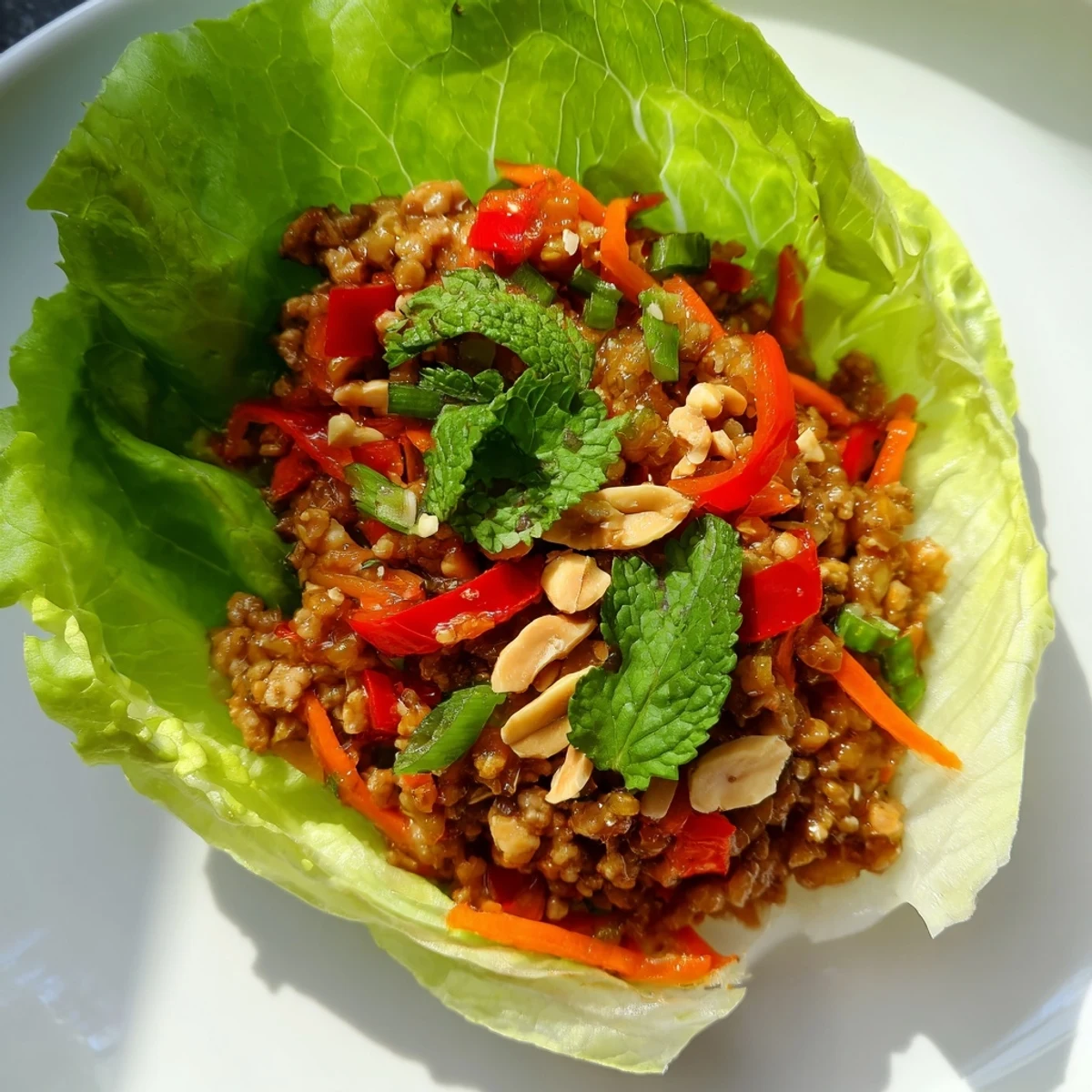 Crisp butter lettuce cups filled with spicy Thai chicken filling and sliced vegetables.  