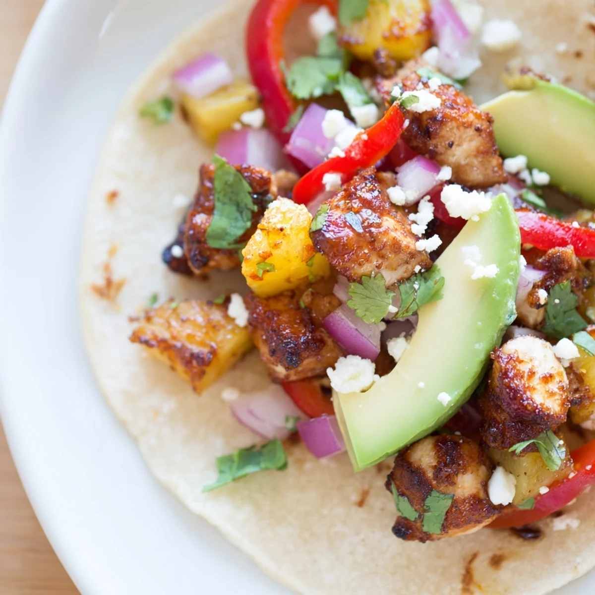 Golden chicken and sweet pineapple sizzling in a skillet for these easy one pan tacos.