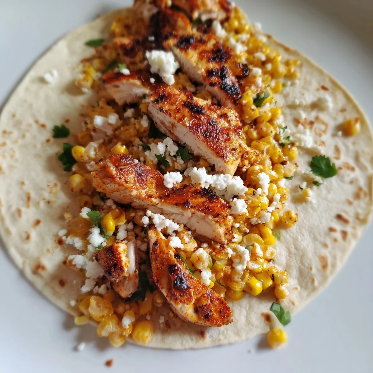 Juicy grilled chicken tacos layered with creamy street corn and fresh cilantro for vibrant flavor.