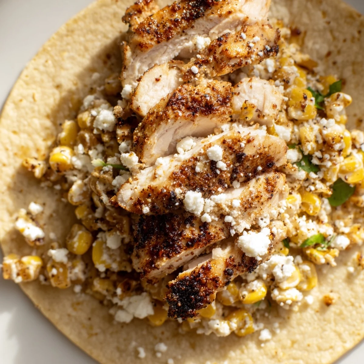 Warm tortillas filled with spiced chicken and tangy Mexican street corn mixture for a delicious meal.