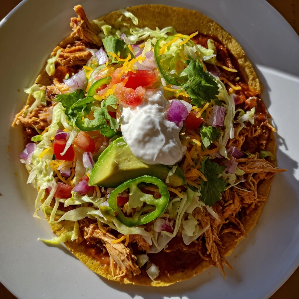 Homemade Chicken Tostadas featuring seasoned meat, crunchy shells, and creamy sour cream