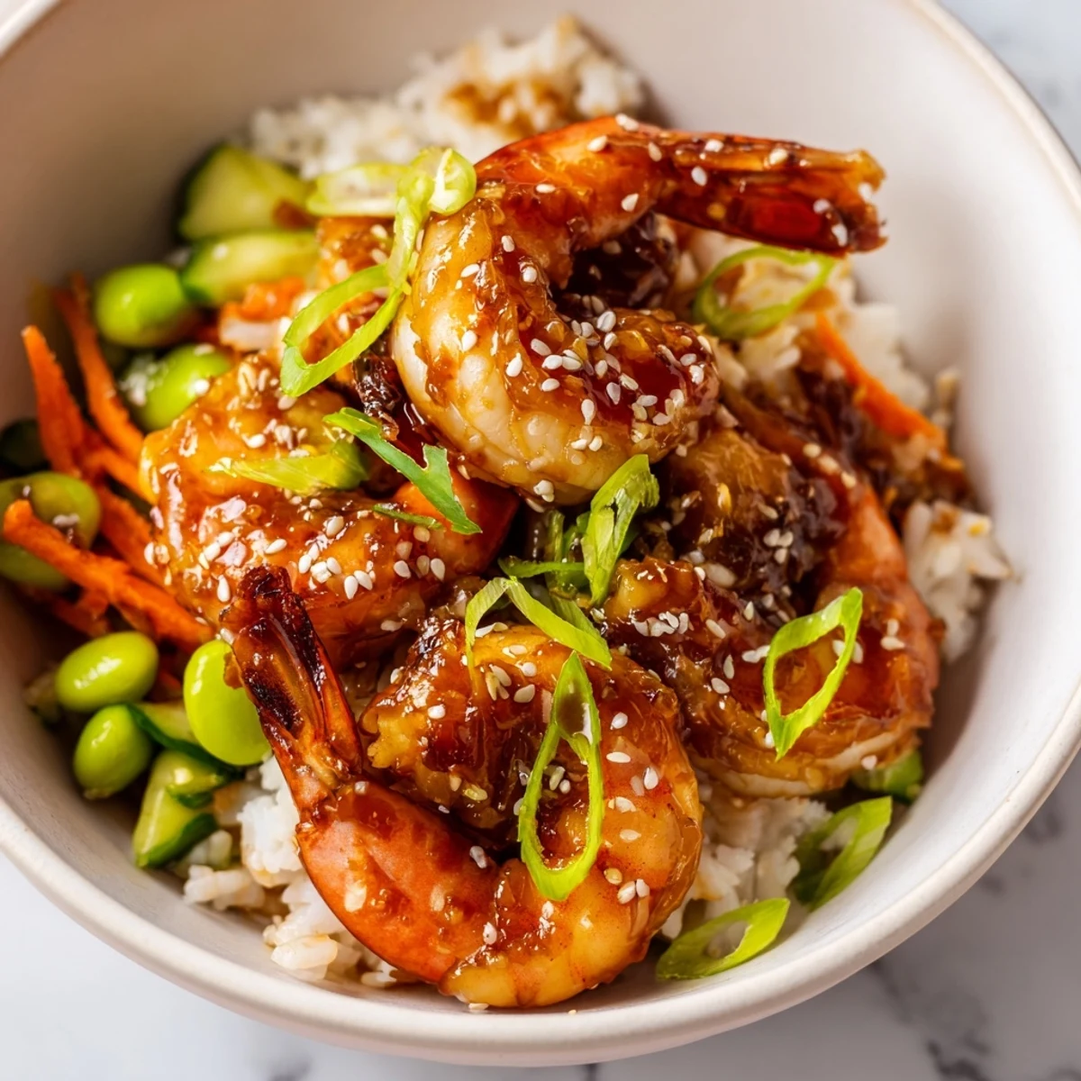 Vibrant teriyaki shrimp rice bowl with crisp vegetables and fluffy jasmine rice  