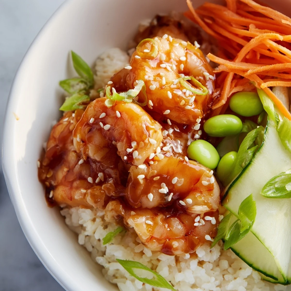 Glossy teriyaki shrimp served over steaming rice with fresh cucumber and carrot strips  