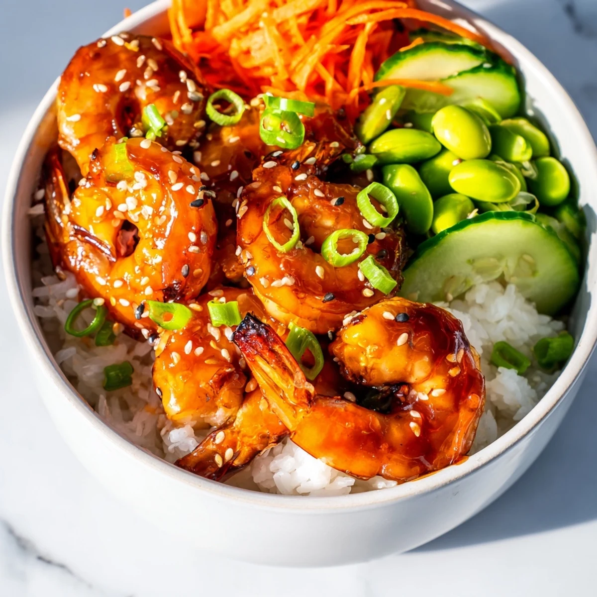 Succulent teriyaki shrimp rice bowl topped with sesame seeds and green onions