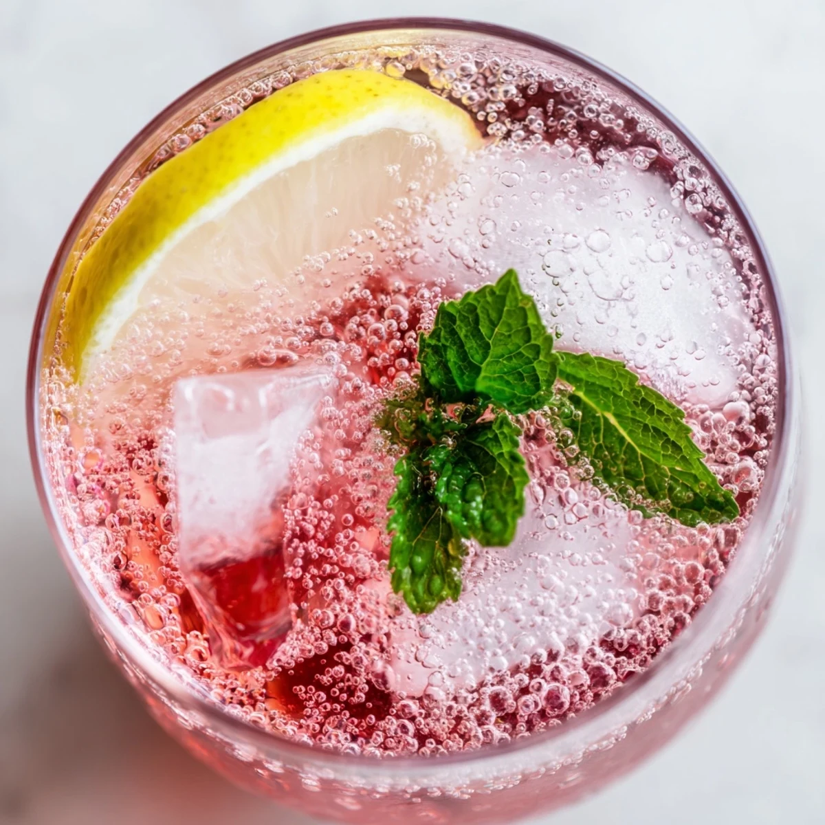Refreshing glass of honey lemon pink soda with ice and bubbly effervescence  