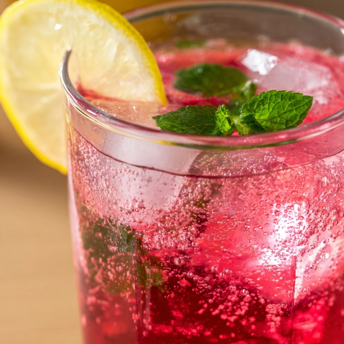 Pink sparkling honey lemon drink served chilled with citrus and mint garnish