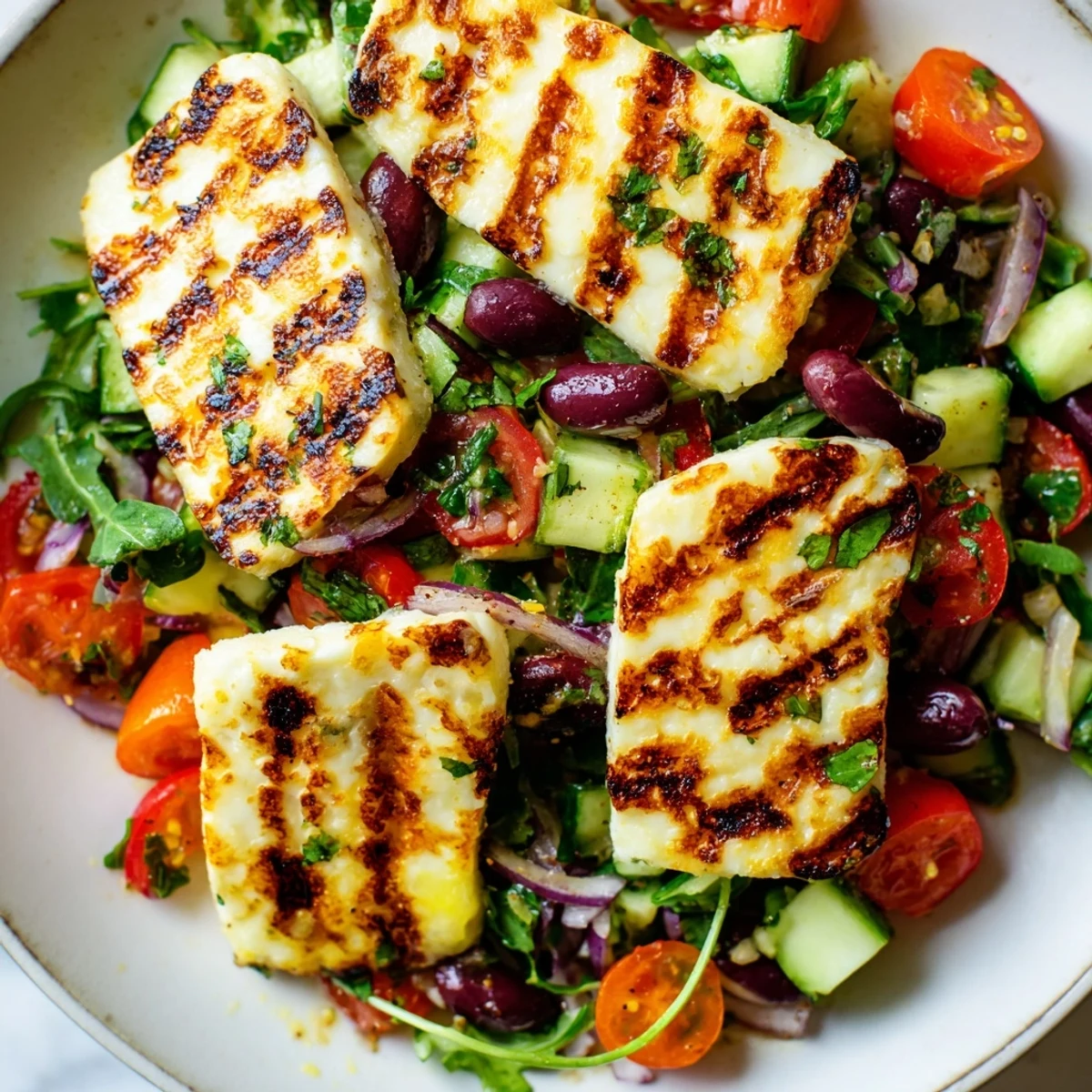 Warm halloumi paired with crisp vegetables in this vibrant Mediterranean salad.