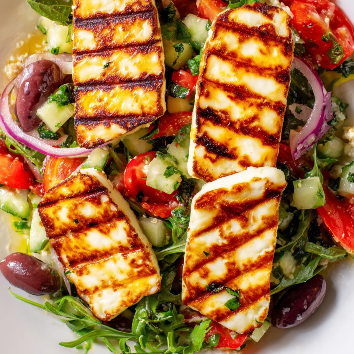 Delicious grilled halloumi served with colorful tomatoes, cucumber, and leafy greens.