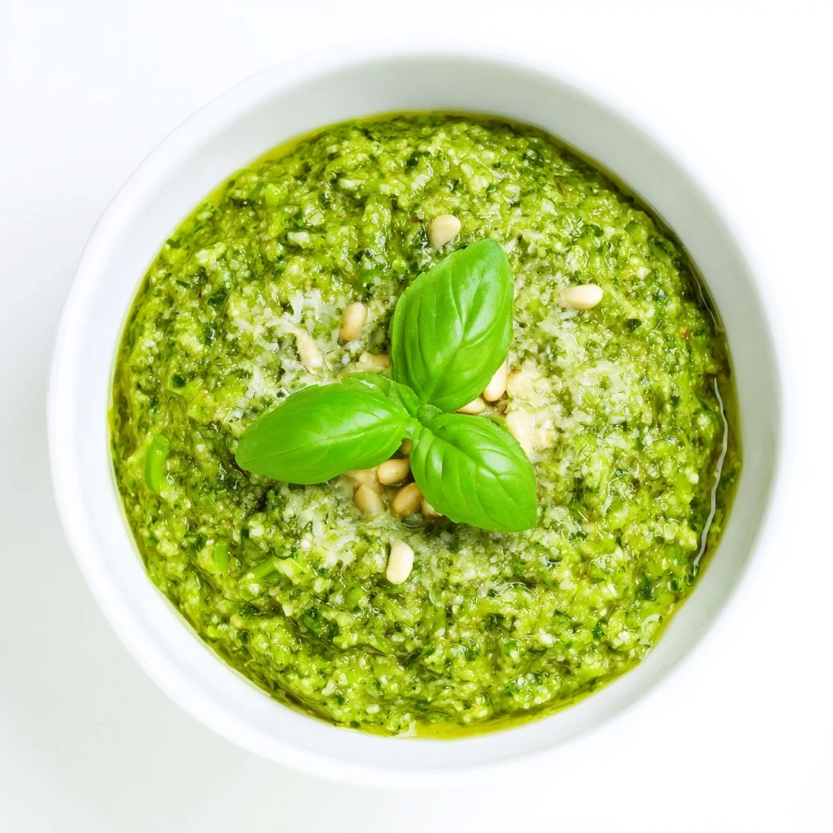 Creamy garlic scape pesto spread on crusty bread topped with pine nuts  
