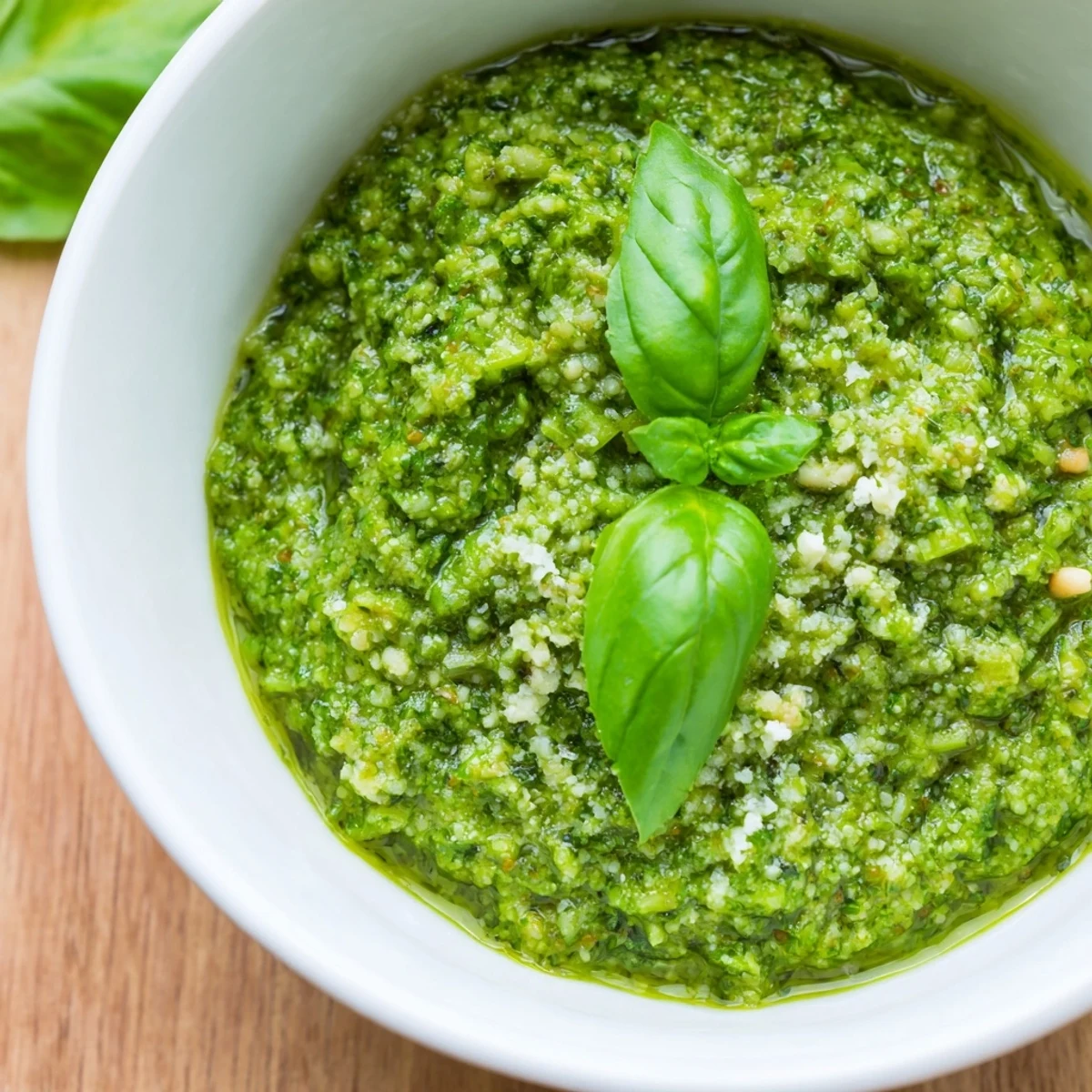 Thick garlic scape pesto drizzled over roasted vegetables in a rustic bowl