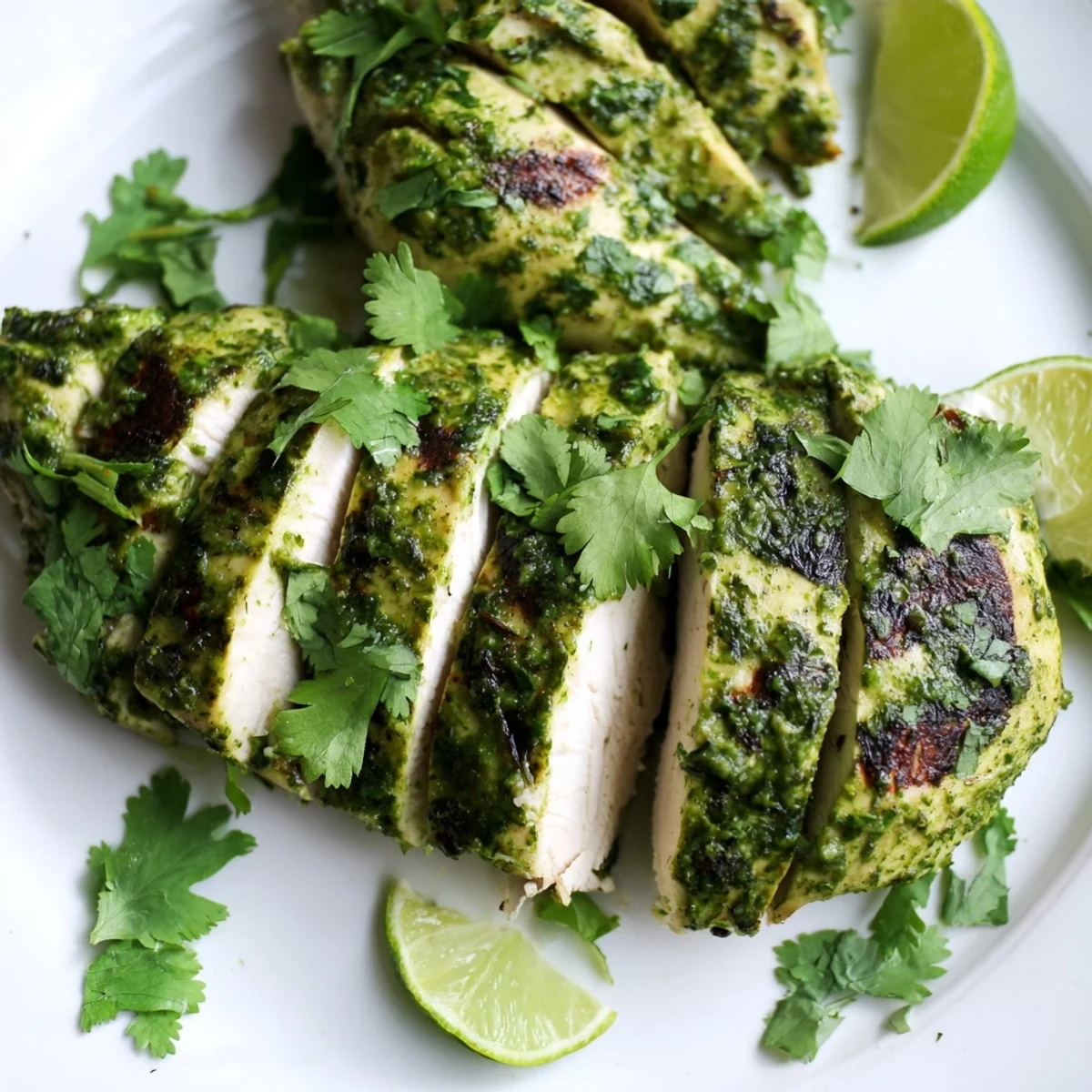 Golden grilled cilantro lime chicken served with fresh lime wedges  