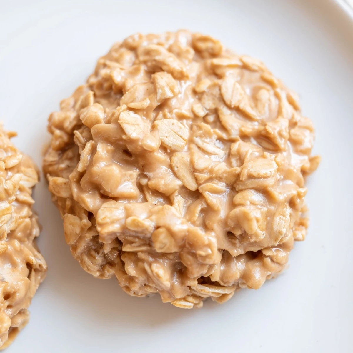 Close-up of fudgy peanut butter no bake cookies with oat clusters and vanilla drizzle.