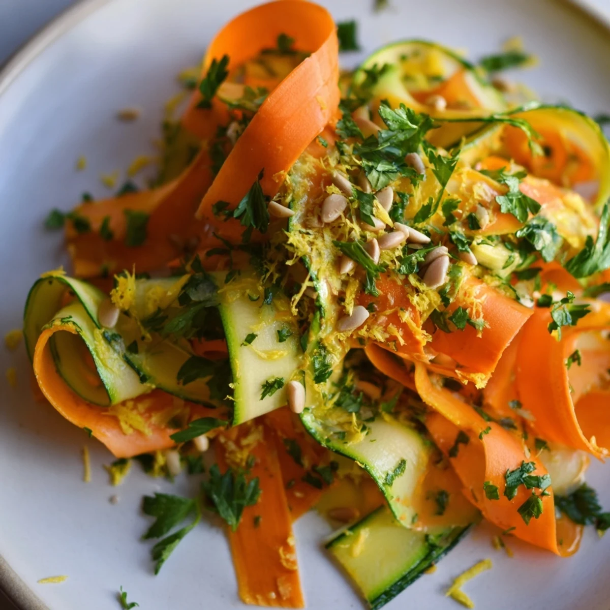 Vibrant carrot ribbon salad tossed with zesty citrus dressing and fresh parsley.  
