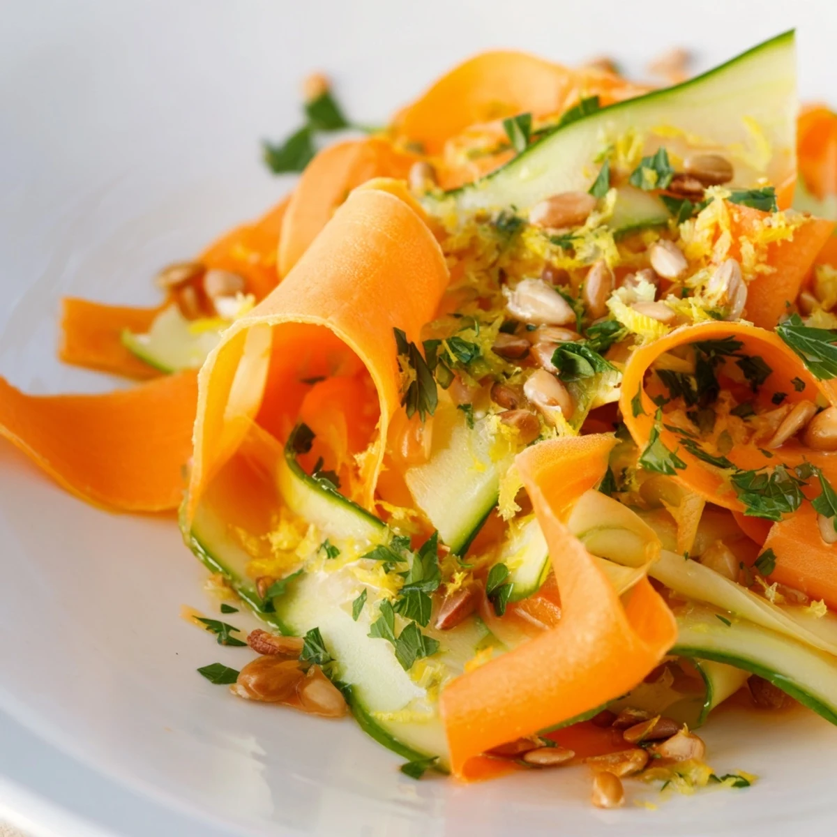 Thin carrot ribbons in citrus dressing garnished with sunflower seeds and lemon zest.  