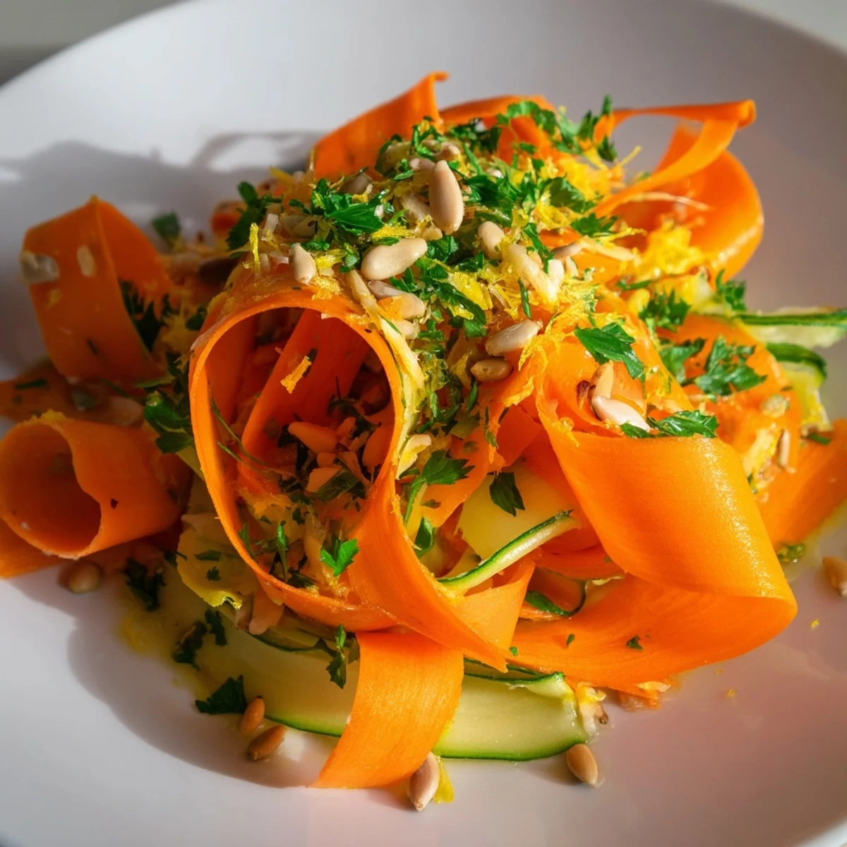 Fresh carrot ribbon salad served as a light side with cucumber and herbs.