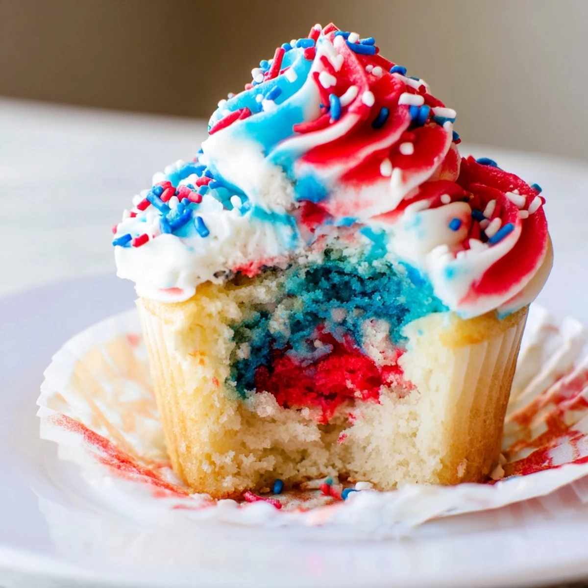 Swirled July Tie Dye Cupcakes featuring bold patriotic colors for summer celebrations.