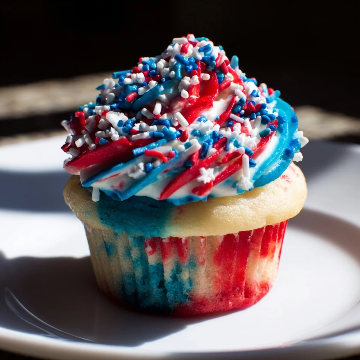 Colorful July Tie Dye Cupcakes with moist vanilla cake and buttercream frosting.  