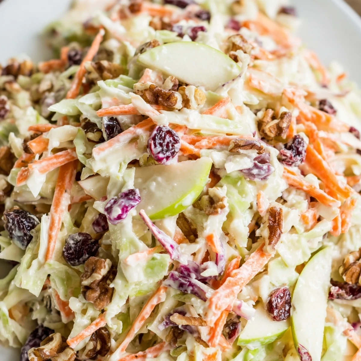 Colorful Cranberry Apple Coleslaw with crisp cabbage, sweet apples, and tangy cranberries in a bowl.  