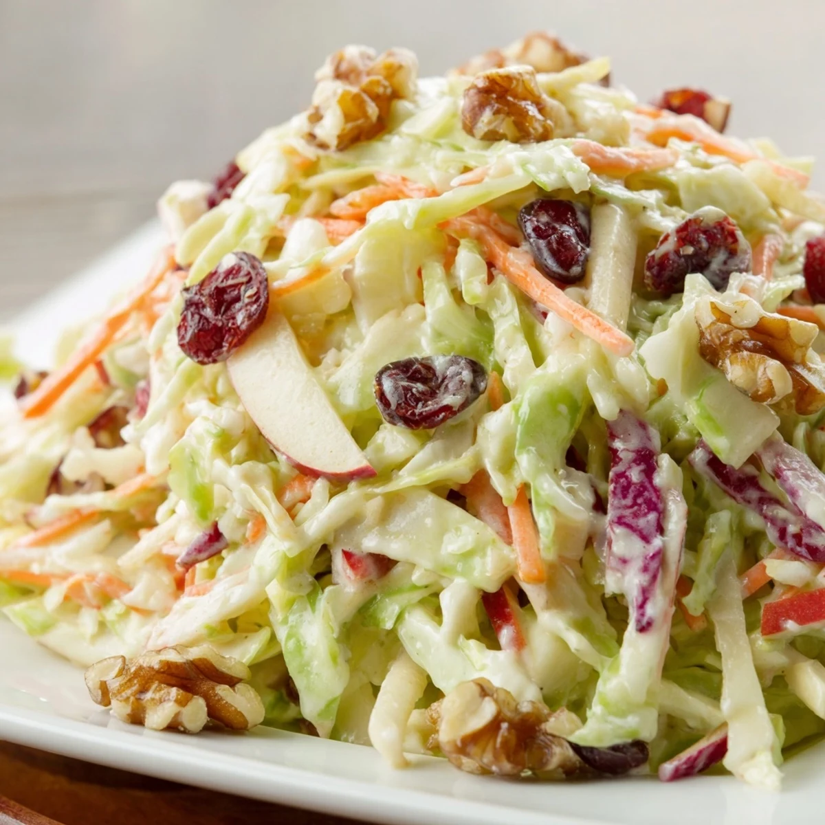Fresh Cranberry Apple Coleslaw topped with crunchy walnuts, featuring a creamy dressing for a refreshing side.  