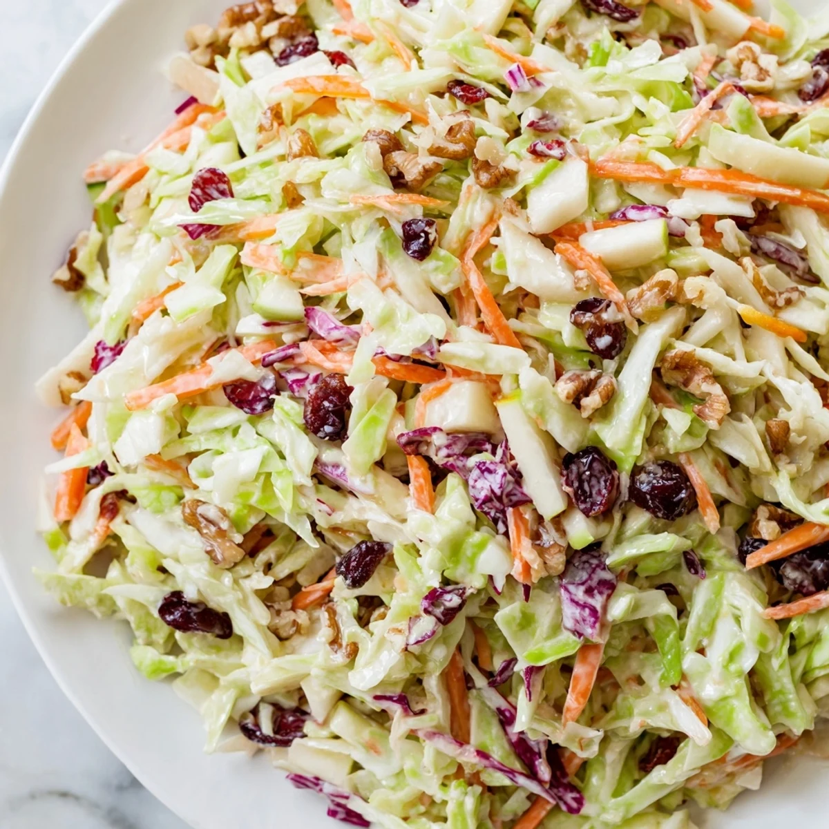 Close-up of Cranberry Apple Coleslaw showing shredded vegetables, bright cranberries, and julienne apples ready to serve.