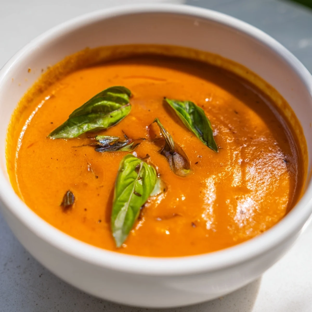 Creamy roasted tomato basil soup recipe served with crusty bread for dipping  