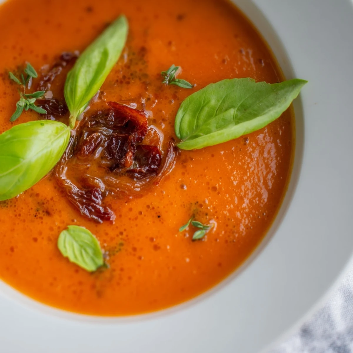 Rich homemade tomato basil soup garnished with fresh basil in a bowl  