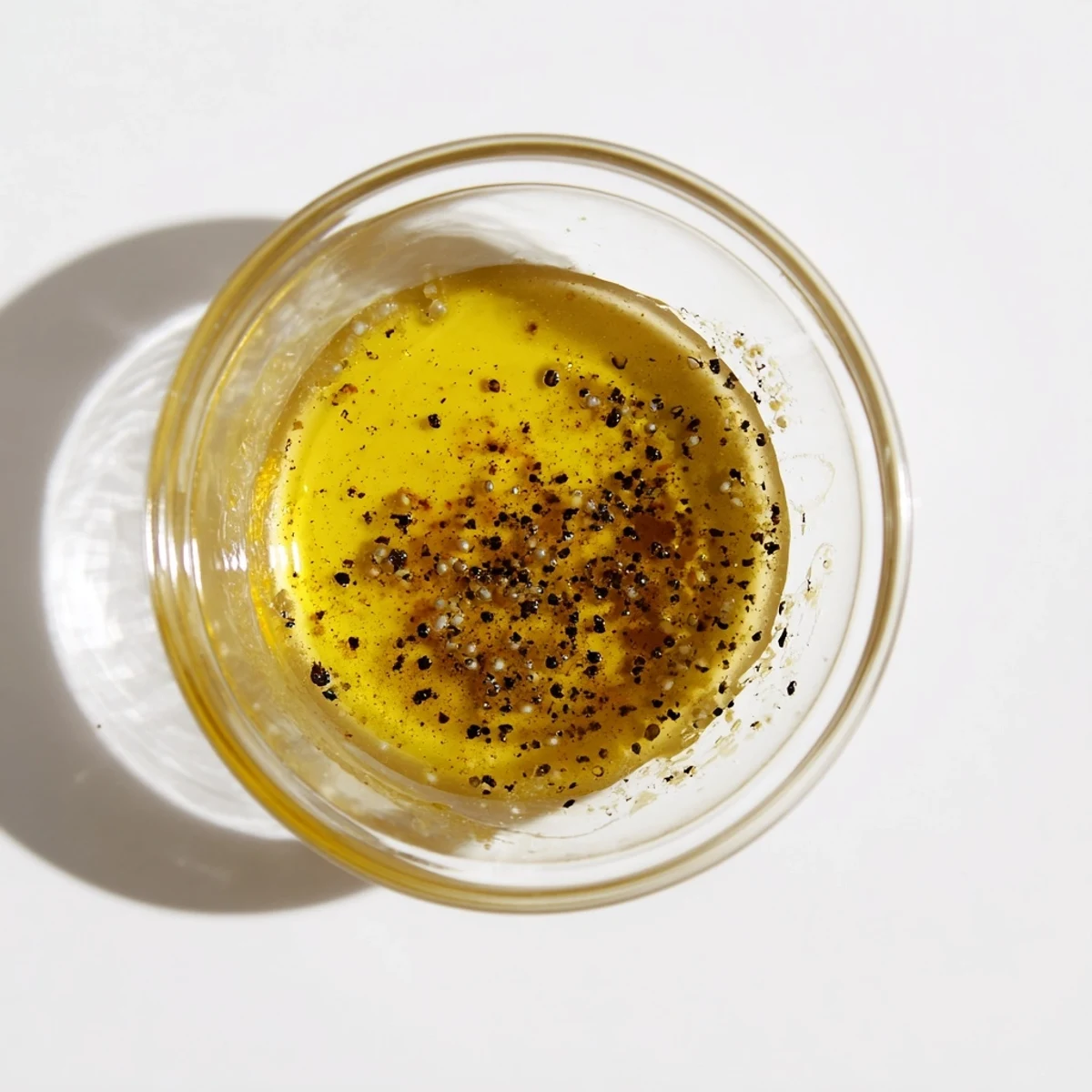 Golden honey vinaigrette drizzled over fresh mixed greens in a white bowl.  