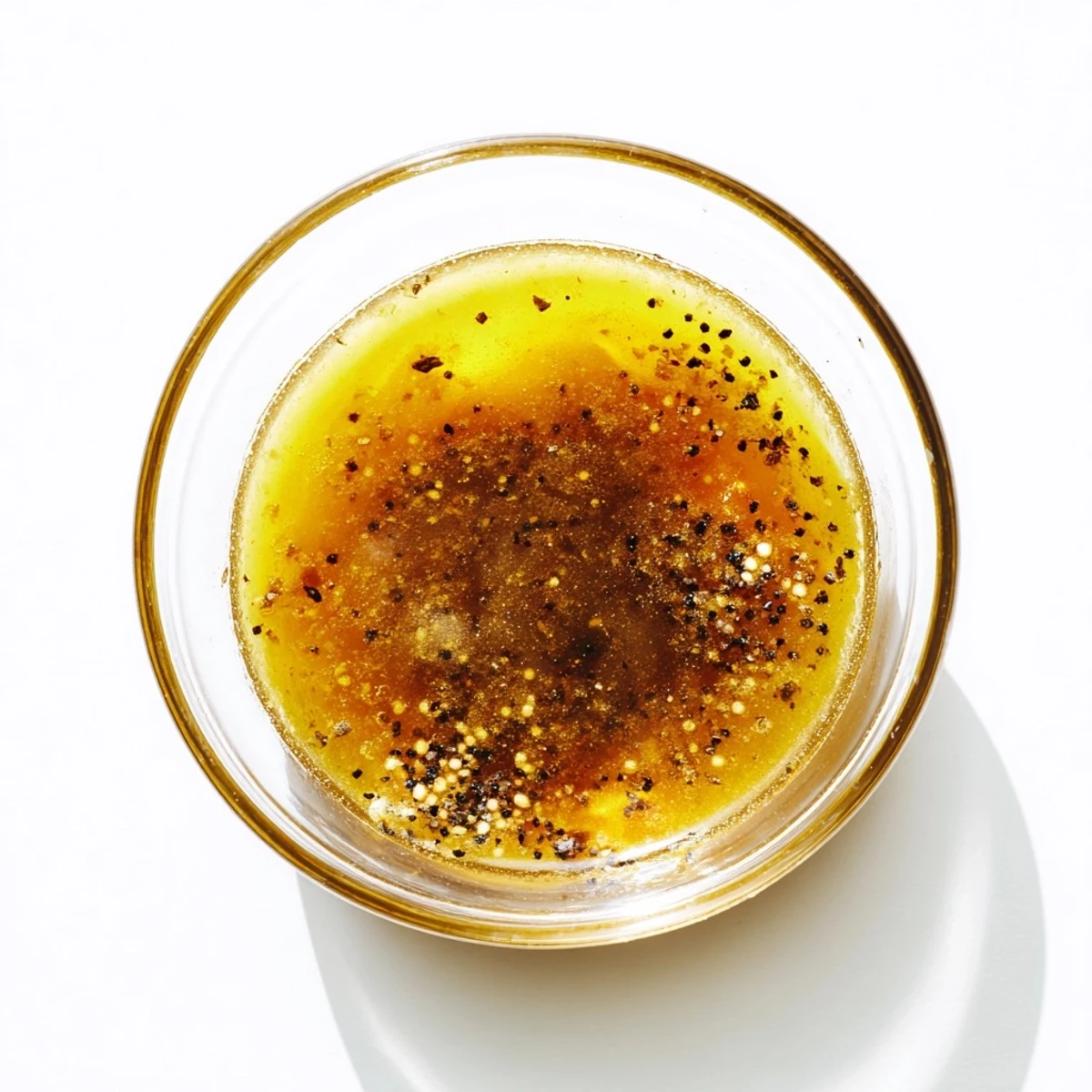 Smooth honey vinaigrette dressing whisked in a glass jar with olive oil.  